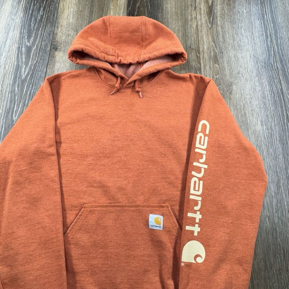 Carhartt Hoodie Mens S Orange Sweatshirt Workwear Spellout Pullover Y2K Sweater